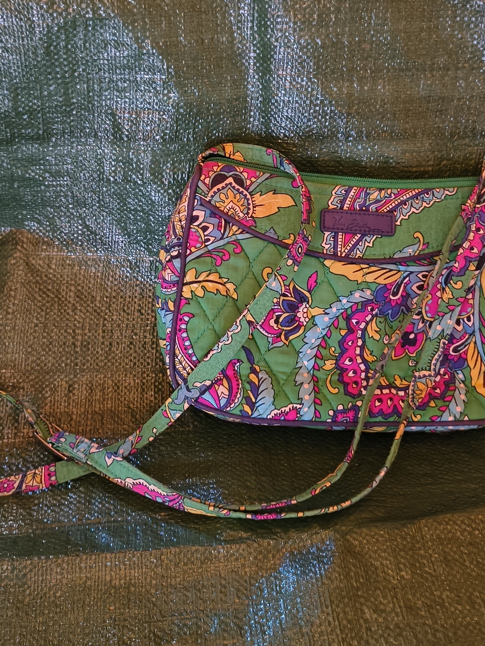 Vera Bradley Green Paisley Quilted Crossbody with Pink and Yellow Accents